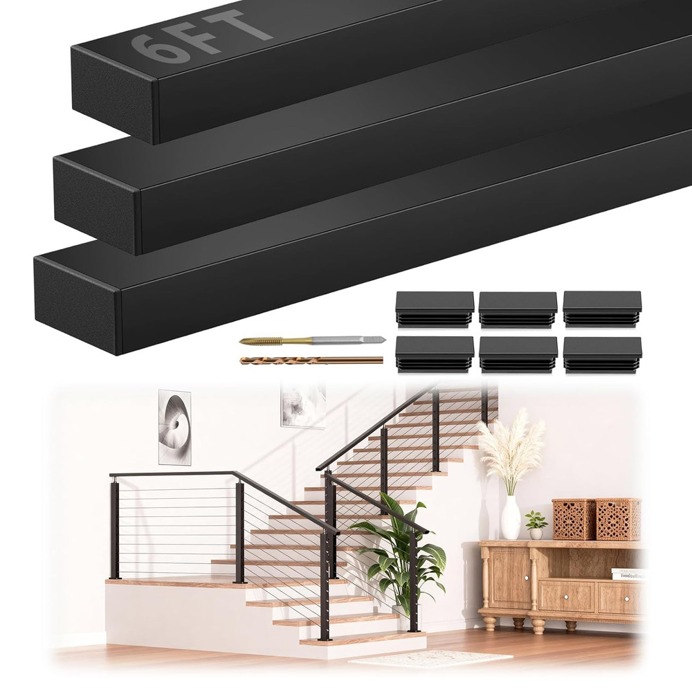 6FT Stainless Steel T304 Handrail Black, 3 Pack Rectangular Cable Railing Handra