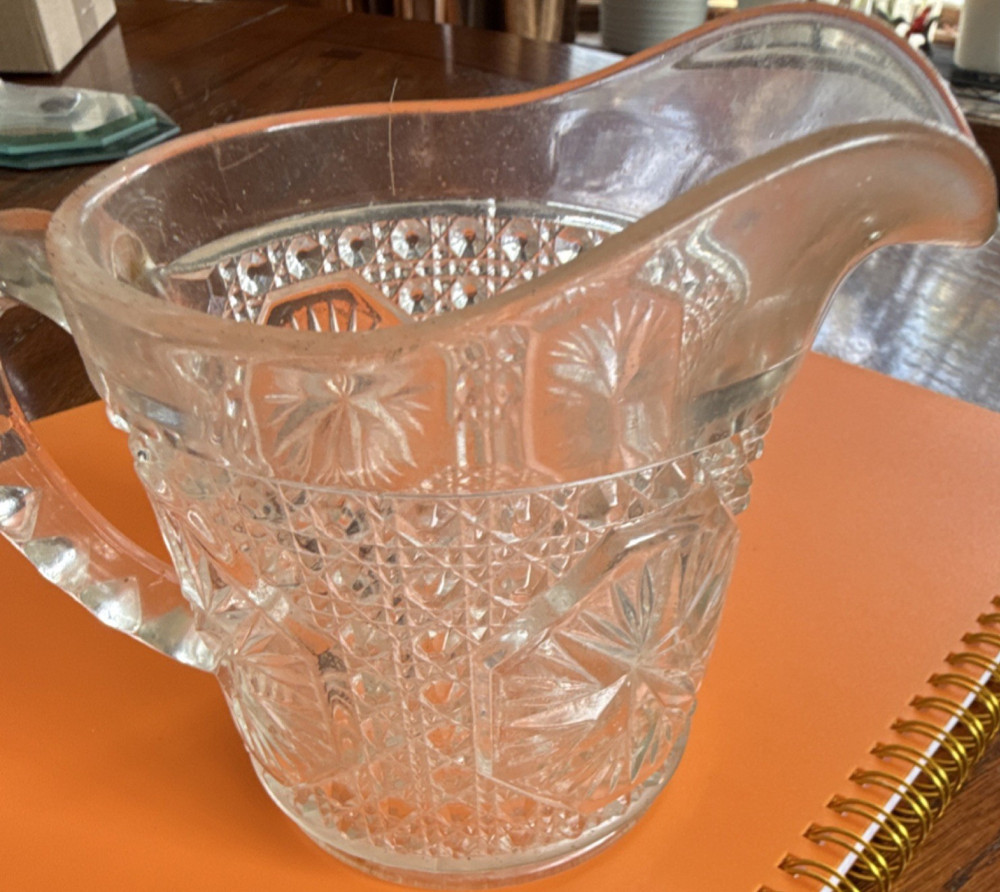 Clear Pressed Glass Starburst Pattern Pitcher with Handle
