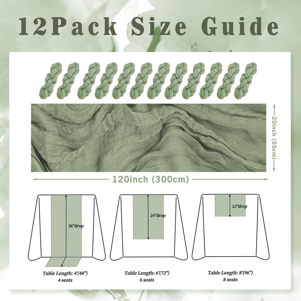 12 Pack Sage Green Cheesecloth Table Runner 10FT Rustic Gauze Fabric Cheese