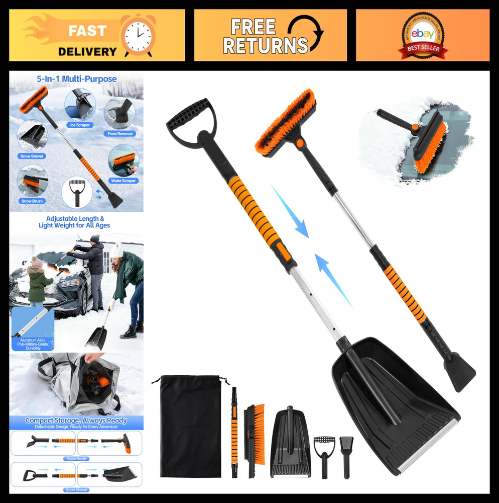 5-in-1 Ice Scraper & Snow Brush Kit, 41" Extendable Car Windshield Tool, Pivotin