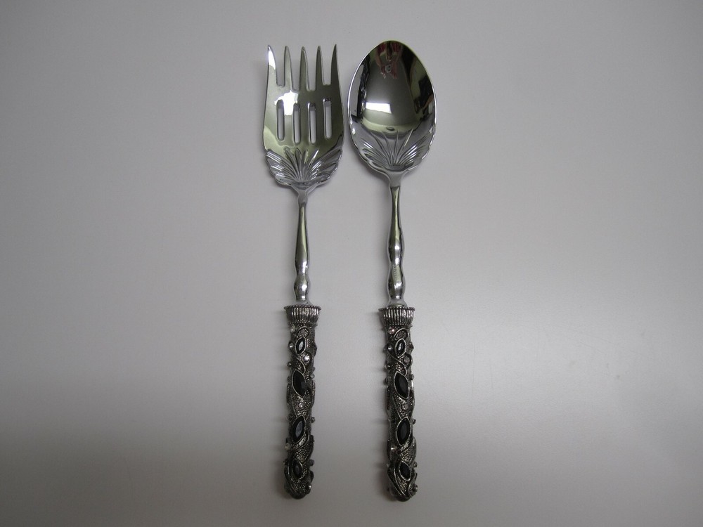 2 Saints Silver Serving Salad Fork & Spoon Set Ornate Black & Crystal Handles