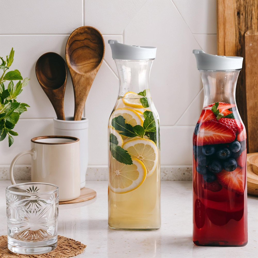 [50 Oz - 2 Pack] Plastic Carafe with Lid, Large Capacity Square Base - Clear Pit