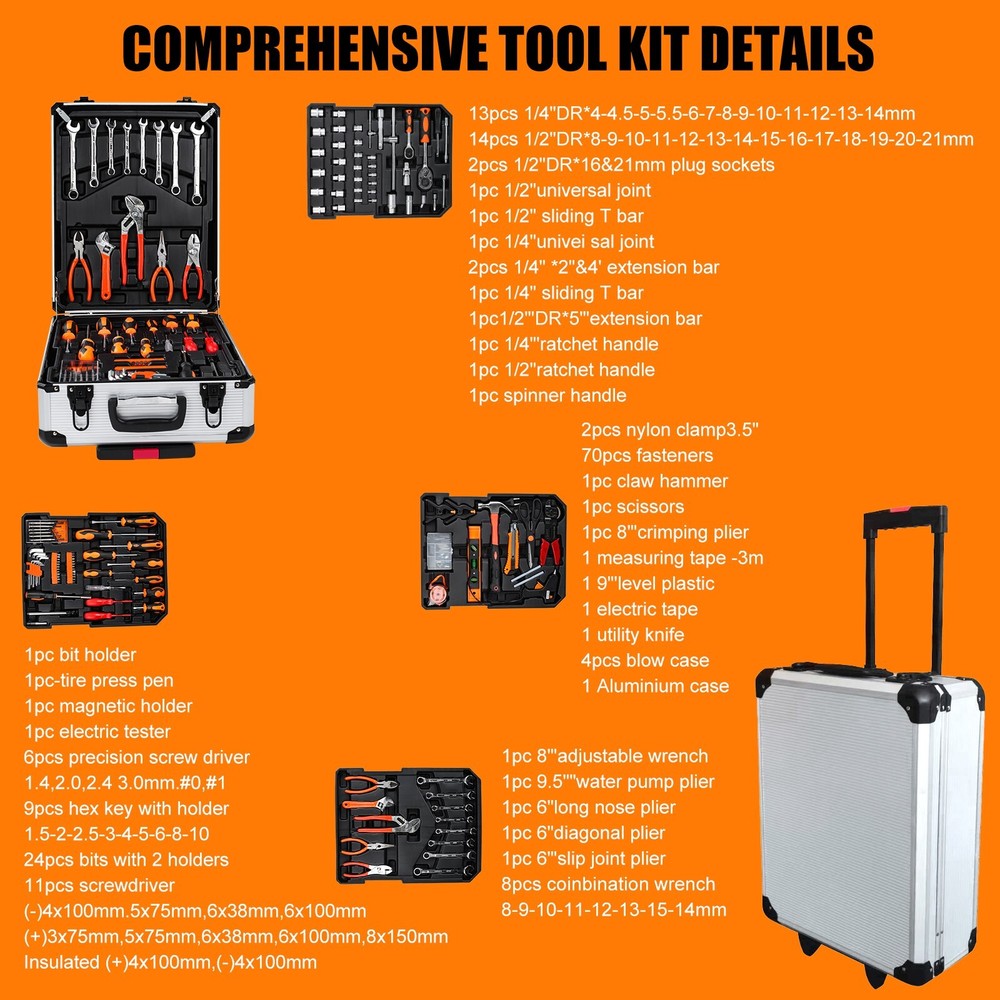 187-Piece Auto & Home Tool Kit with Rolling Box - Mechanic & DIY Set