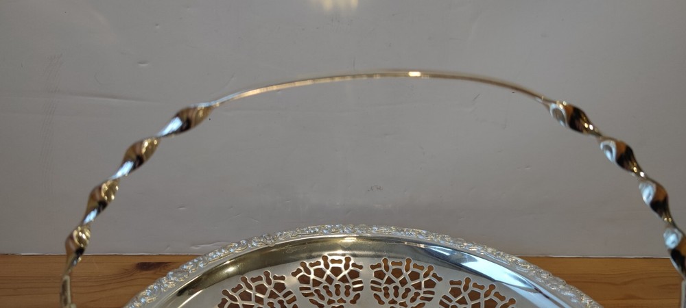 Vintage Silver Plated Cake Serving Plate. Pierced with Swing Handle - Prop/Decor