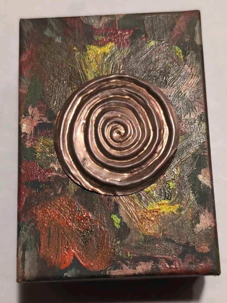 Memory Trinket Stash Box Copper Embossed Funky Spiral Labyrinth Design