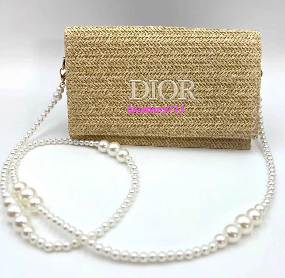 Dior Straw Raffia Woven Makeup  Zipper Bag   with Chain