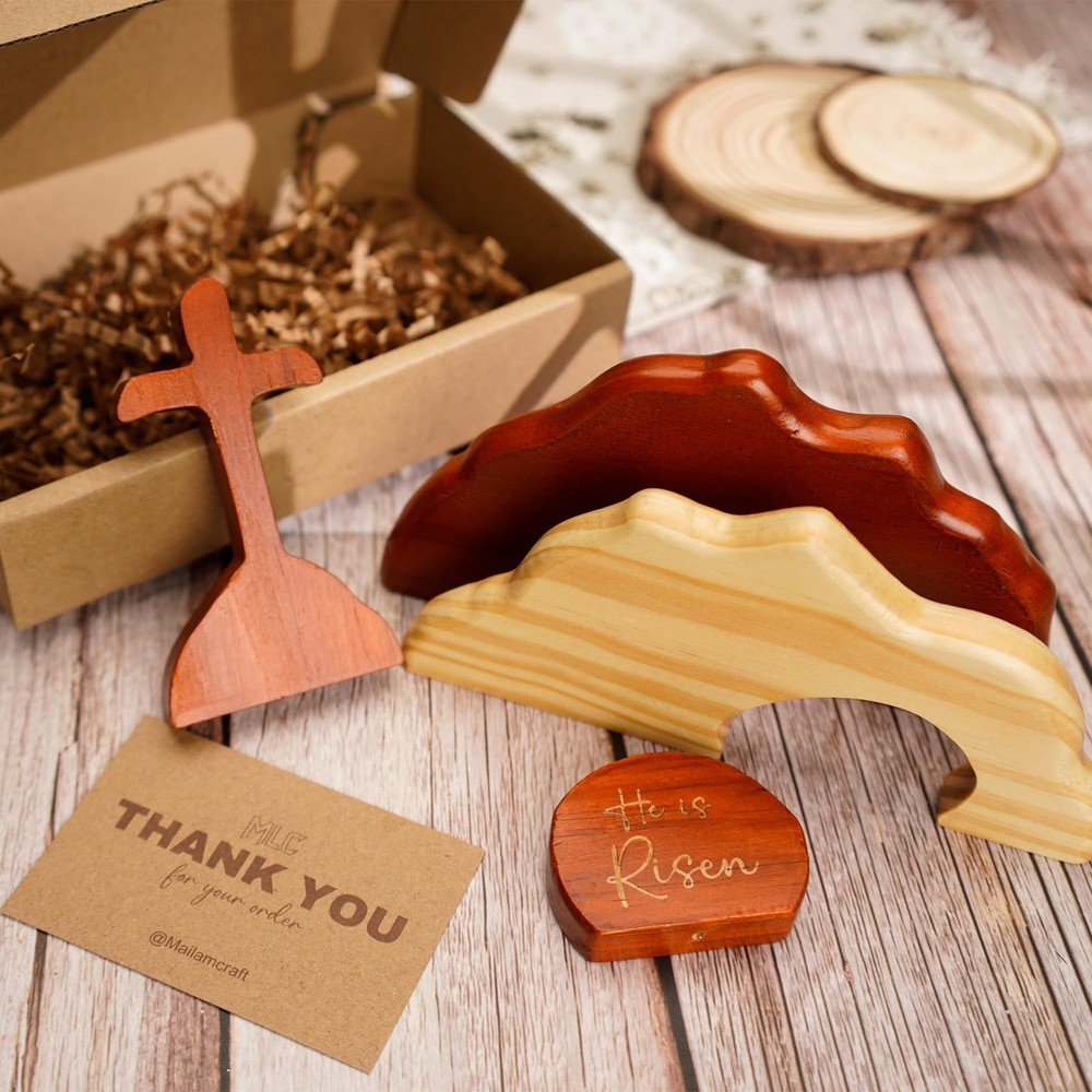 Empty Tomb Scene Spring Easter Decorations, He is Risen Natural Wood Easter D...