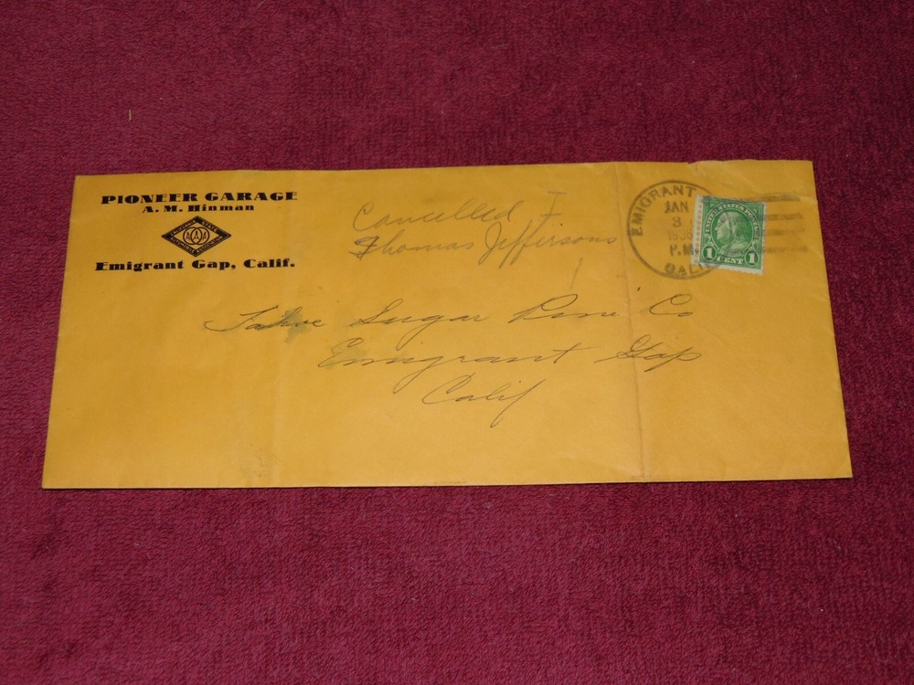 ORIGINAL 1936 PIONEER GARAGE, EMIGRANT GAP, CA ENVELOPE