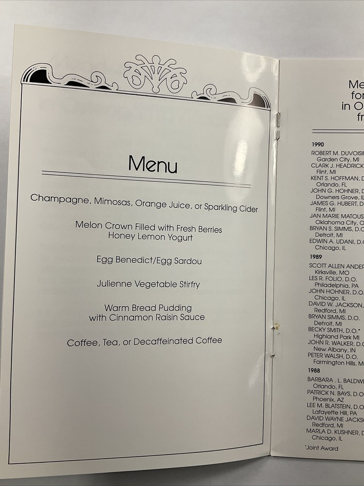 1991 National Osteopathic Foundation Mead Johnson Awards Breakfast Program Menu