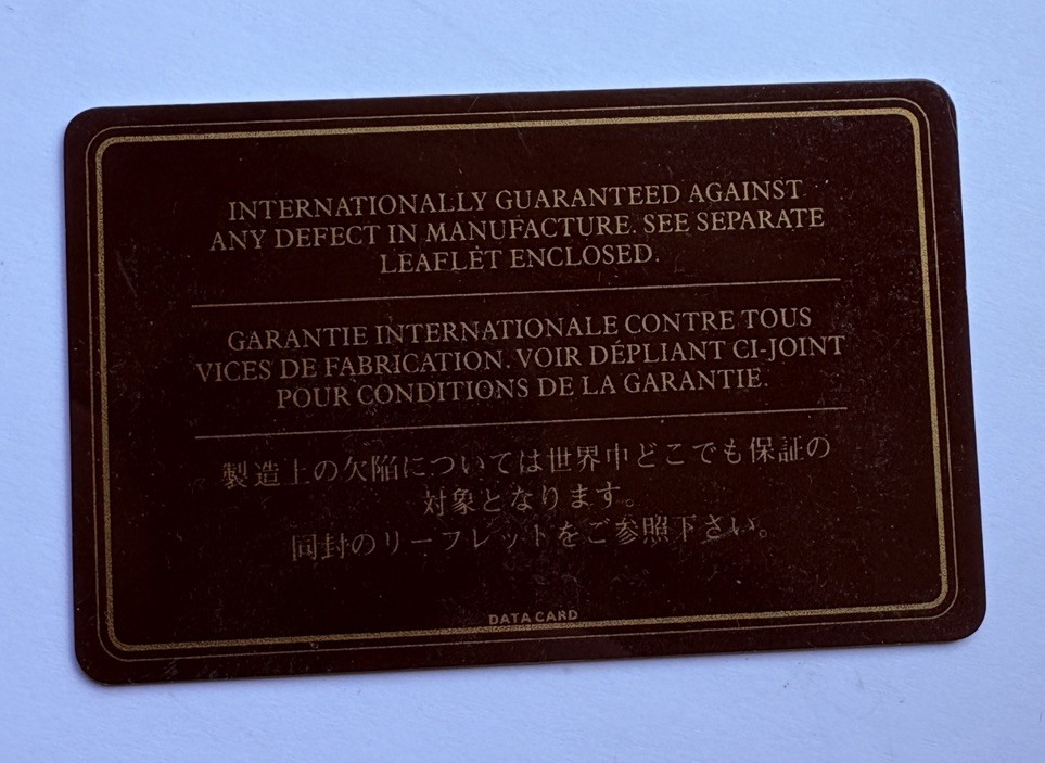 Dunhill Rollagas Guarantee card
