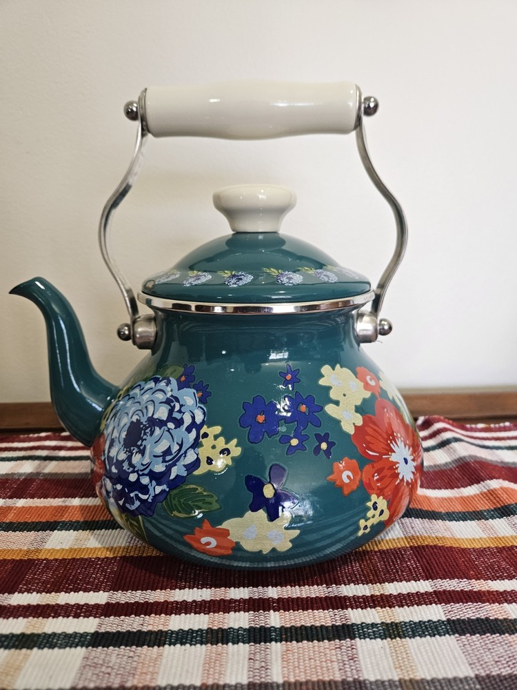 Pioneer Woman Dazzling Dahlias Teal Green 2 Quart Tea Kettle