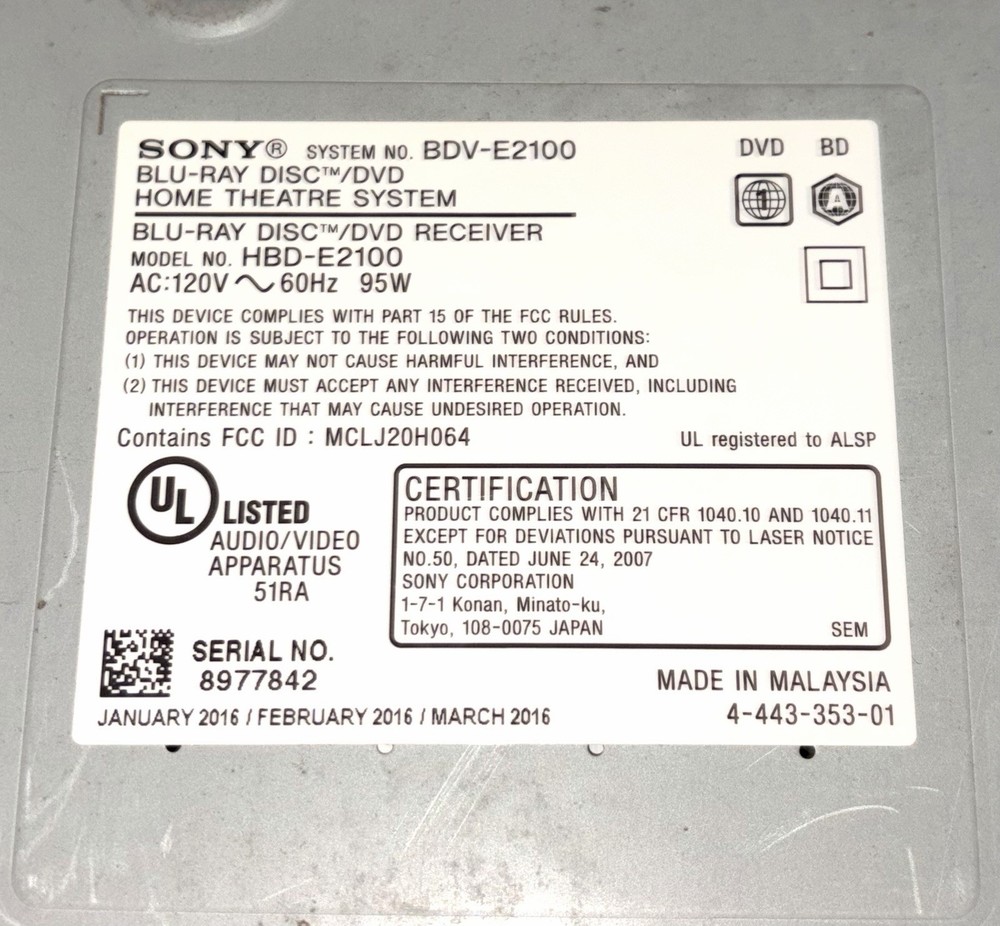 Sony Blu Ray 3D Receiver Player BDV-E2100 & Remote