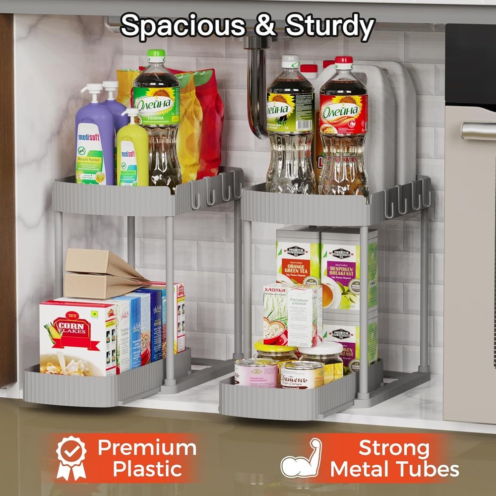 2 Pack Multi-Purpose Pull-Out Storage Organizers, Under Sink Organizers Storage