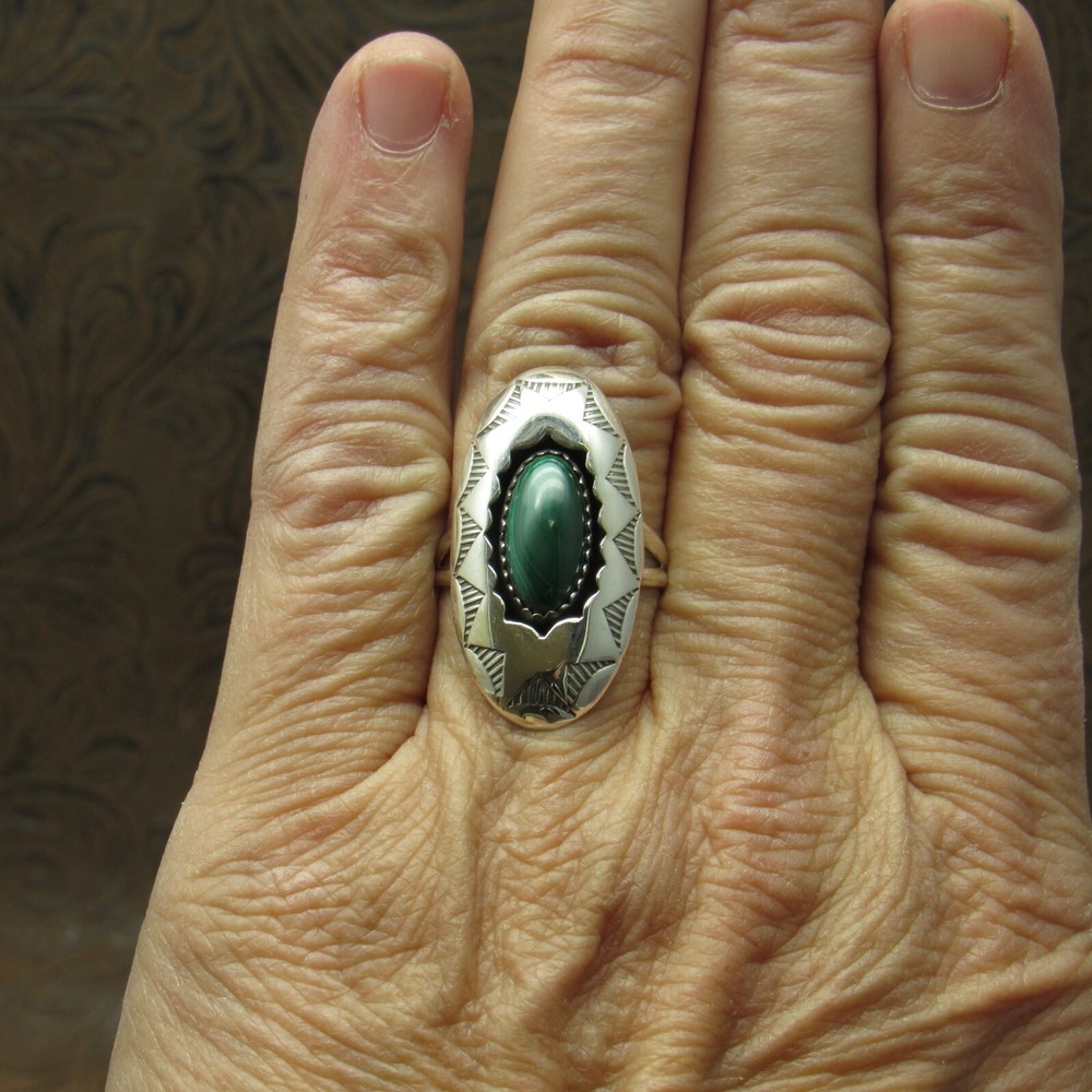 Sterling Silver Malachite Shadowbox Ring Size 8.5+