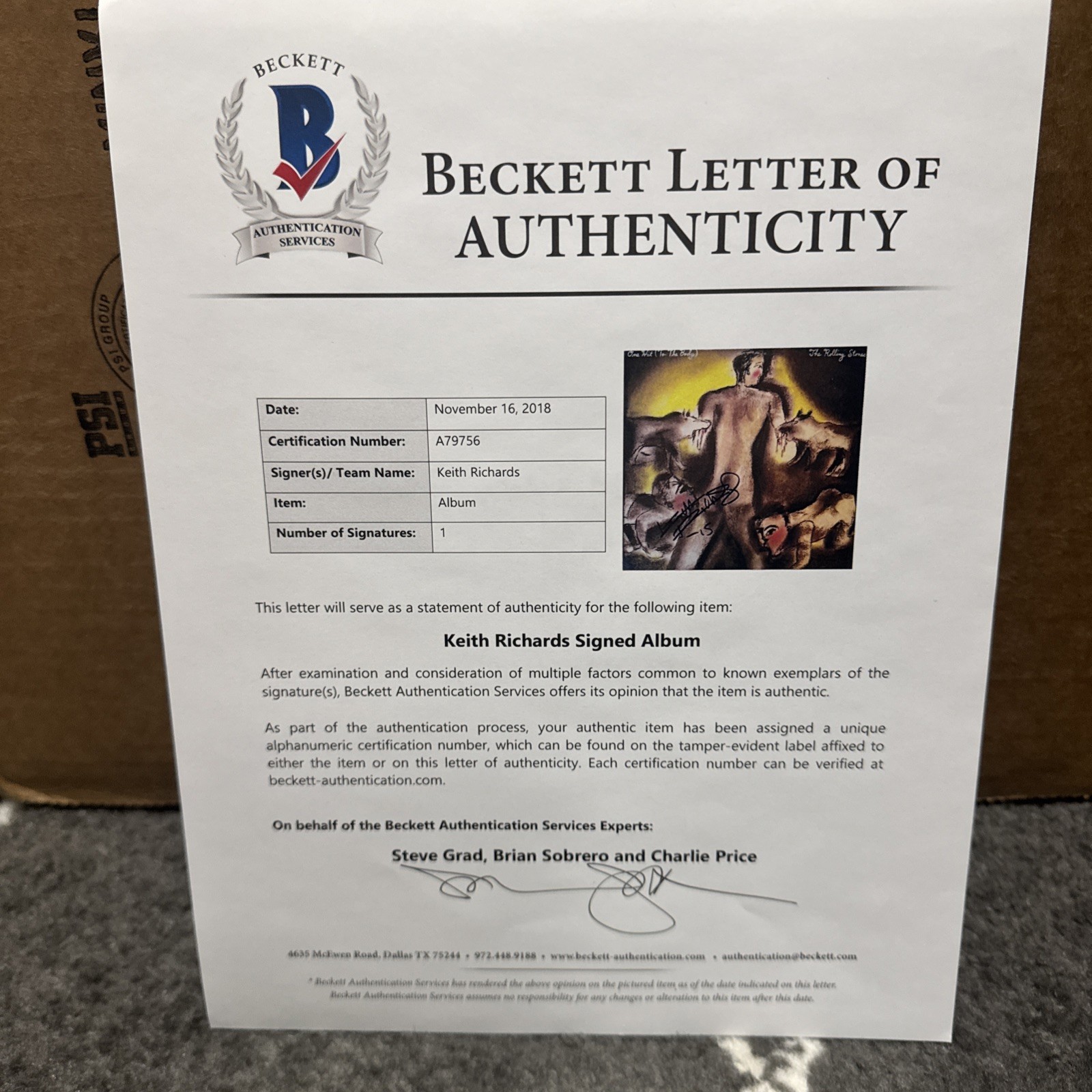 Signed Keith Richards Rolling Stones One Hit (To The Body) Vinyl BAS VMG Graded