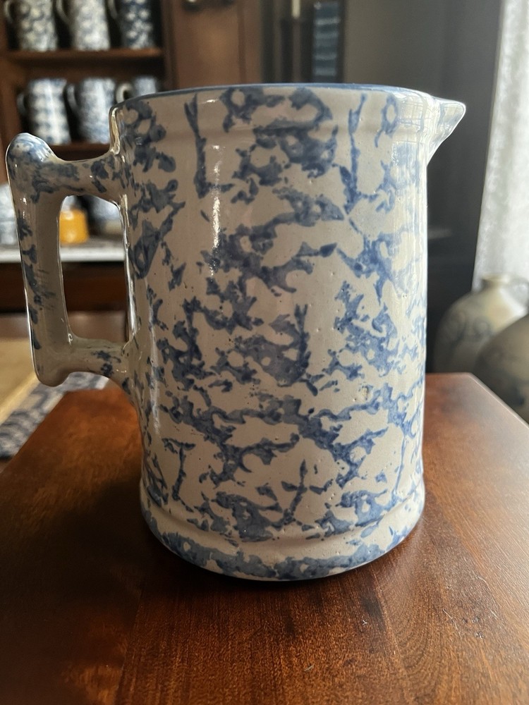 Antique Blue & White Spongeware Hallboy Pitcher – Nice Pattern – Early Stoneware