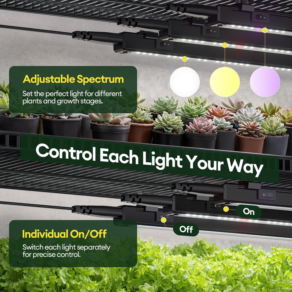 T5 LED Grow Light Strips 2Ft, Full Spectrum, Timer & Dimming, 4-Pack