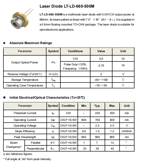 660nm 500mW Multimode Laser Diode Red LT-LD-660-500M