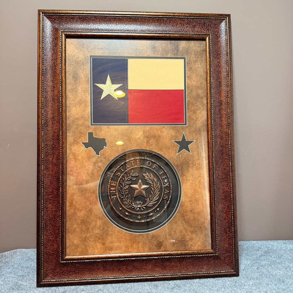 Texas Flag State Seal Shadowbox Framed Embroidered Cotton 3D-Effect