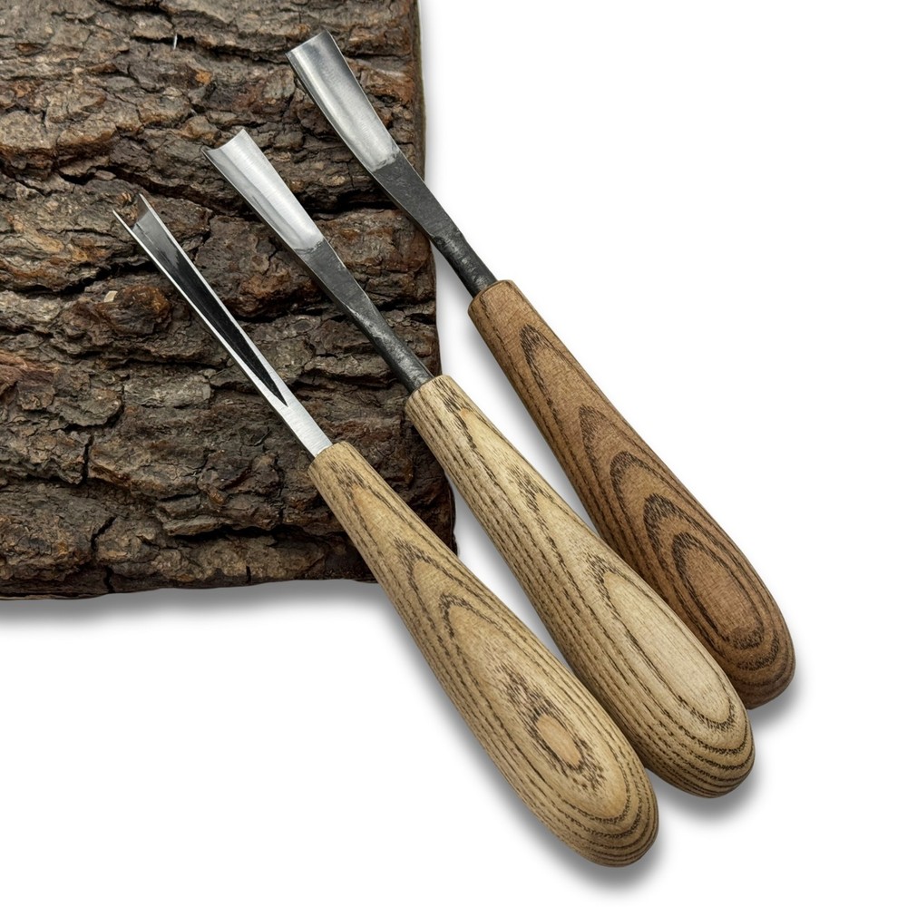 Wood Carving Tool Set 3-Piece – 52100 Steel Blade, Ash Handle, V-Chisel & Gouges