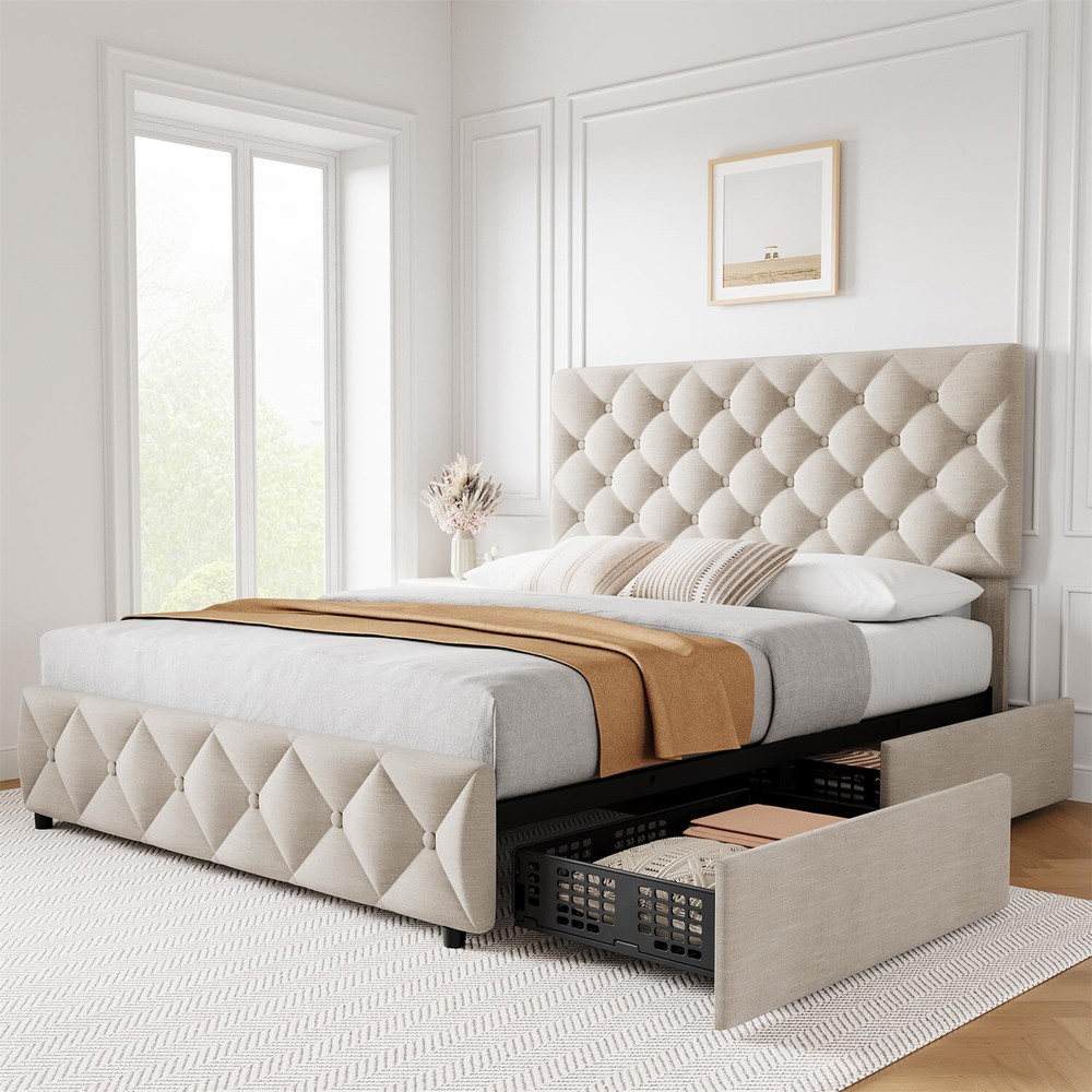 Full Size Bed Frame with 4 Storage Drawers and Headboard Upholstered Platform
