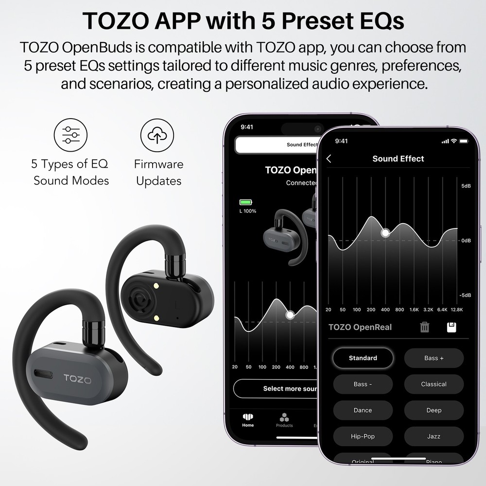 TOZO OpenBuds True Open Ear Wireless Earbuds Multi-Angle Adjustment Comfort