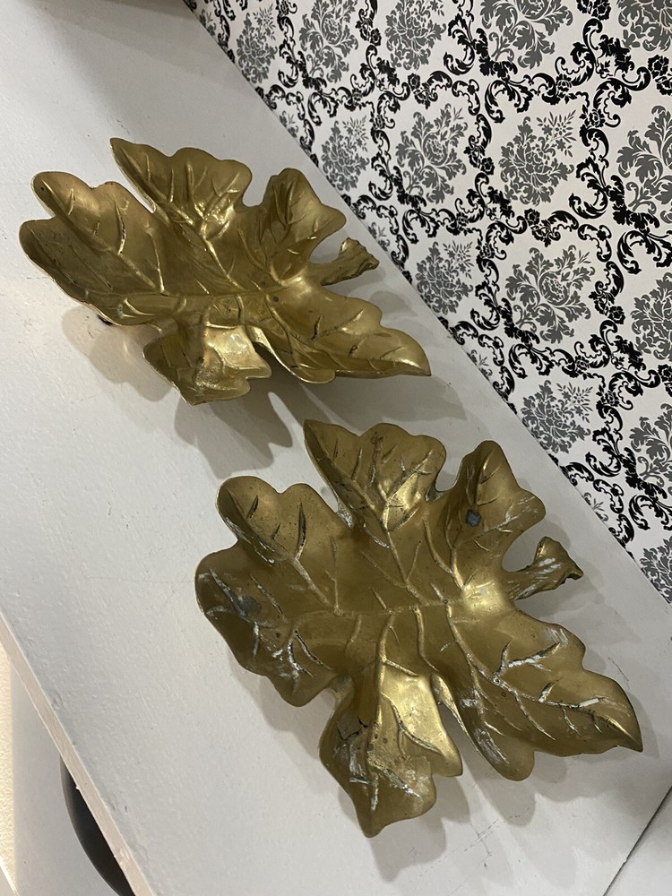 two beautiful solid brass leaf design wall decor. 7 inches tall.