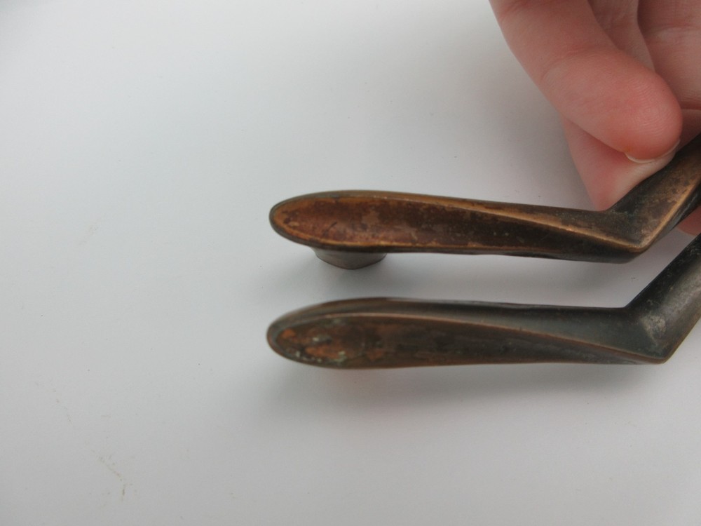 2 Vintage MCM Chevron Drawer Pulls 2.75" Centers Worn Copper Tone LY9