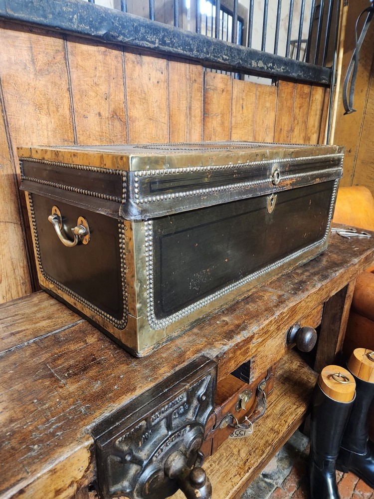 Antique Black Brass Rivetted Wooden Solid Trunk.