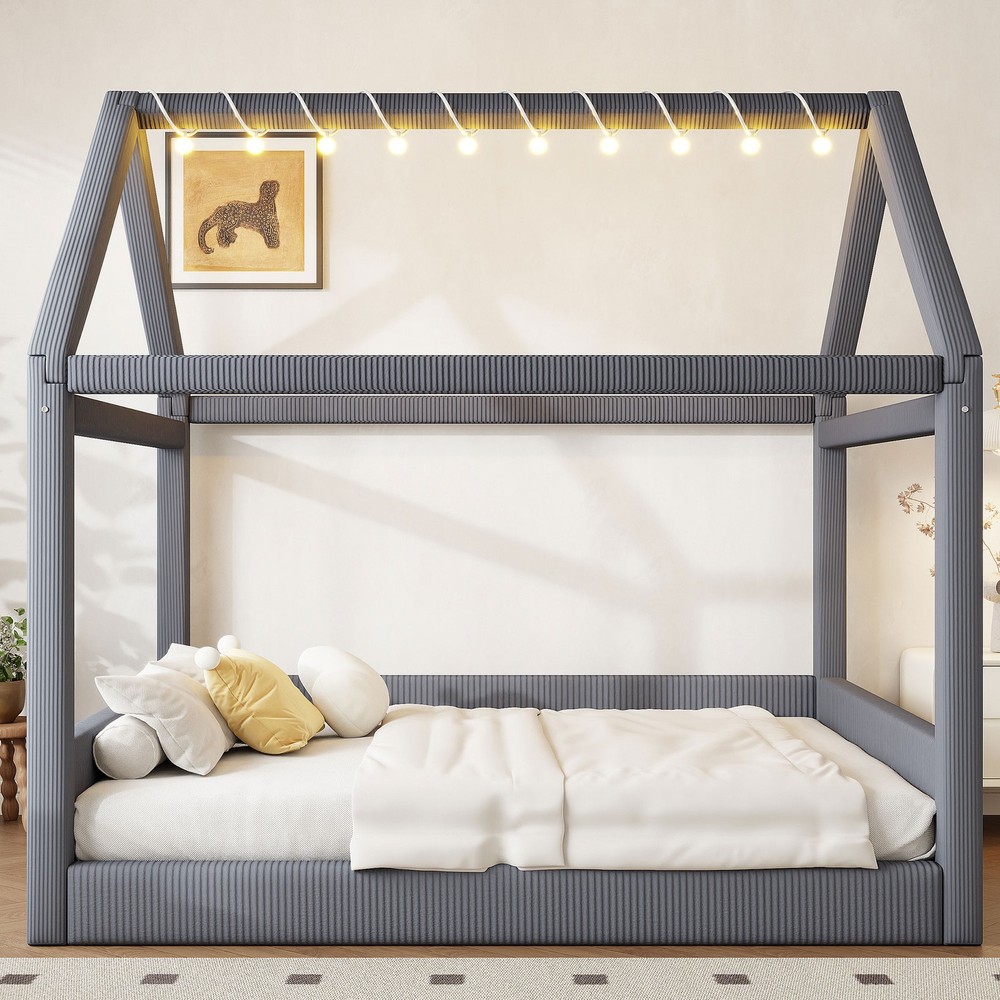 Full Size Upholstered House Daybed with LED Light Strips,Grey