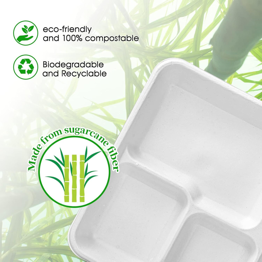 100% Compostable 5 Compartment Plates, 125 Pack Disposable Paper Plates, Heavy-D