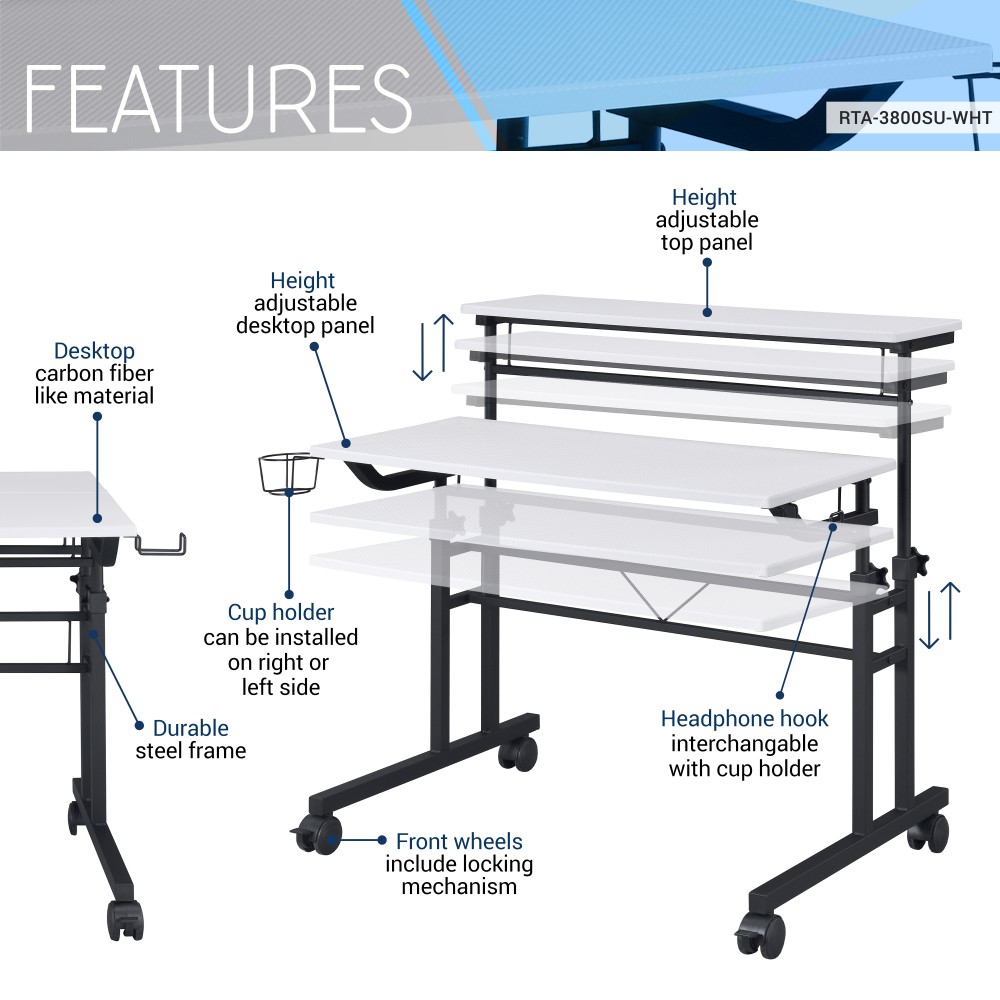Adjustable Rolling Computer Desk - Mobile Workstation w/ Storage Shelf,White