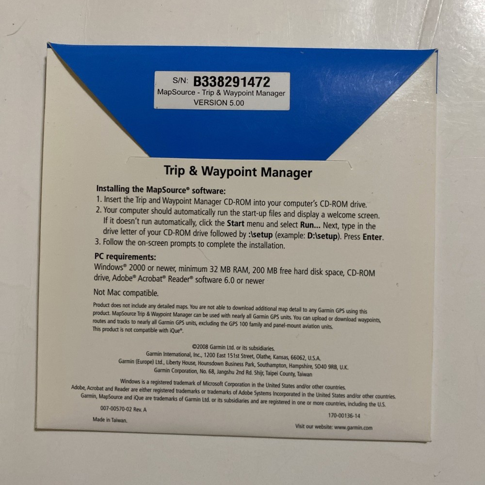 Garmin MapSource Trip Waypoint Manager CD v5.0 Windows 2000 XP 7