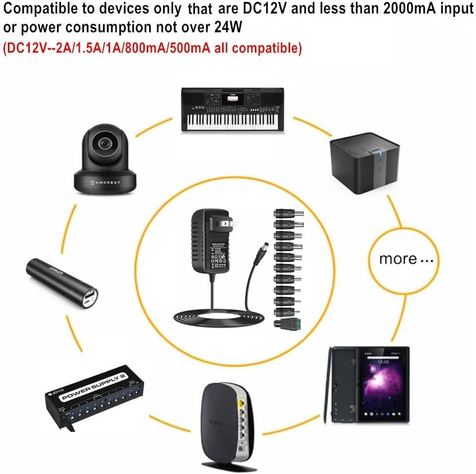 Lightweight 24W Universal AC Adapter DC12V 2A with 11 Tips for Multiple Devices