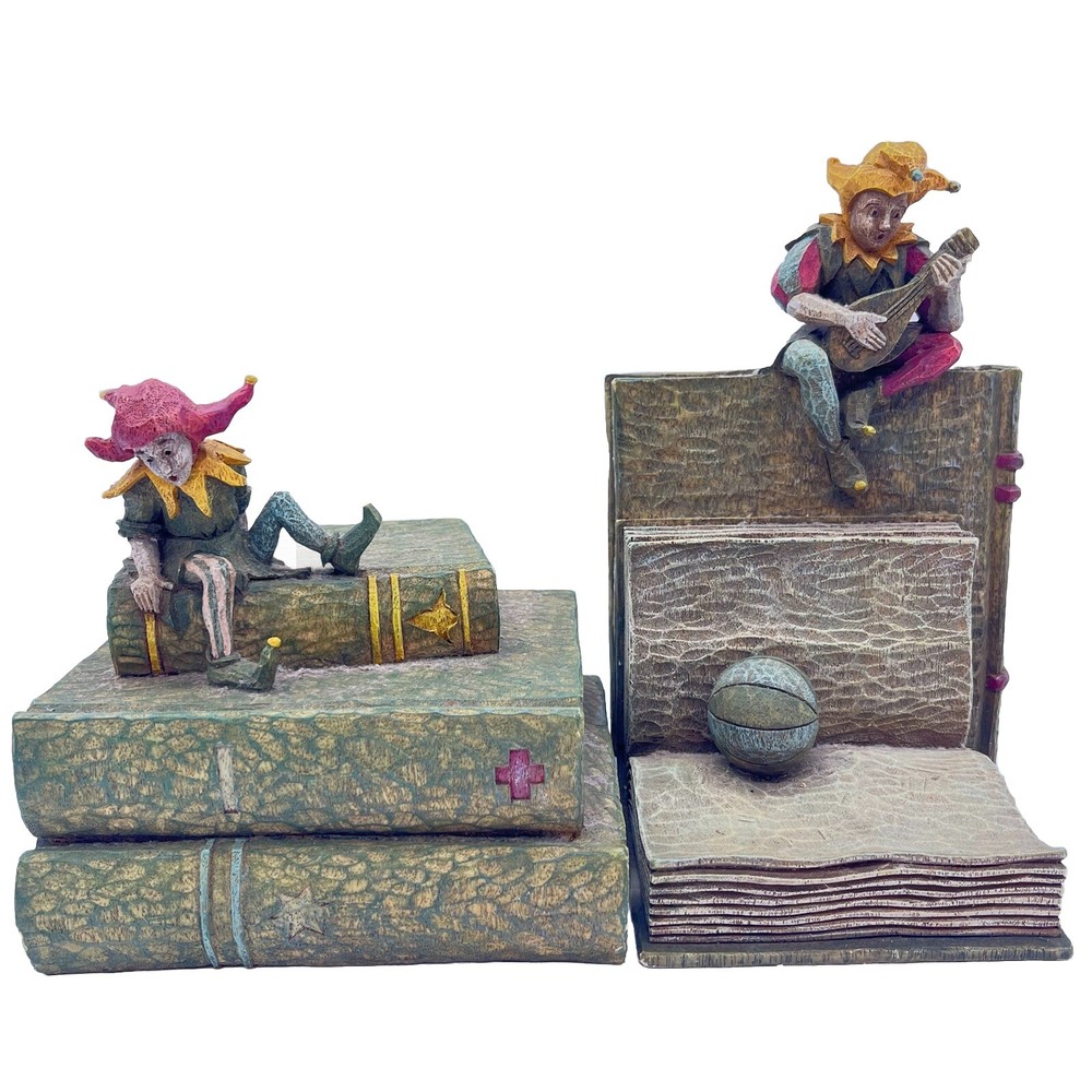Solid Renaissance Bard Medieval Playful Jester Statues Bookends Castle Joker