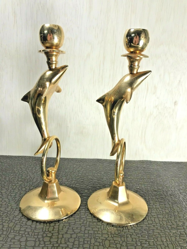 Set of 2 Solid Brass Dolphin Candle Holders *