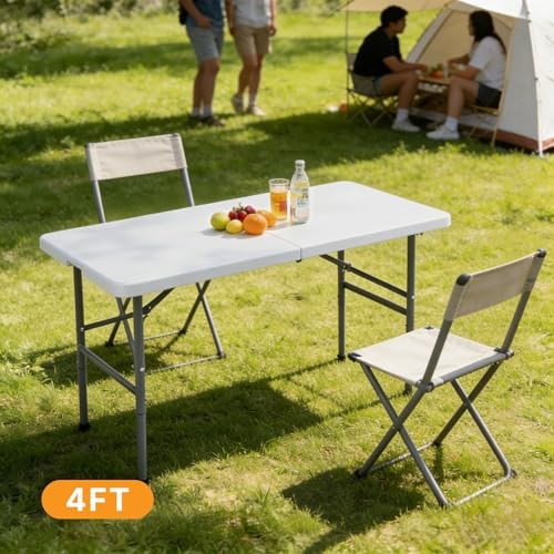Folding Table Plastic Portable Fold-in-Half Table Heavy Duty for Camping 4 FT