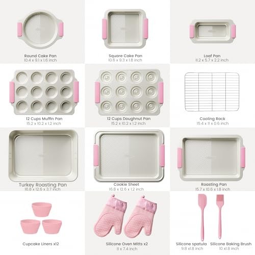 25 PCS Stackable Baking Pans Set, Non-stick Bakeware Sets with Silicone Pink