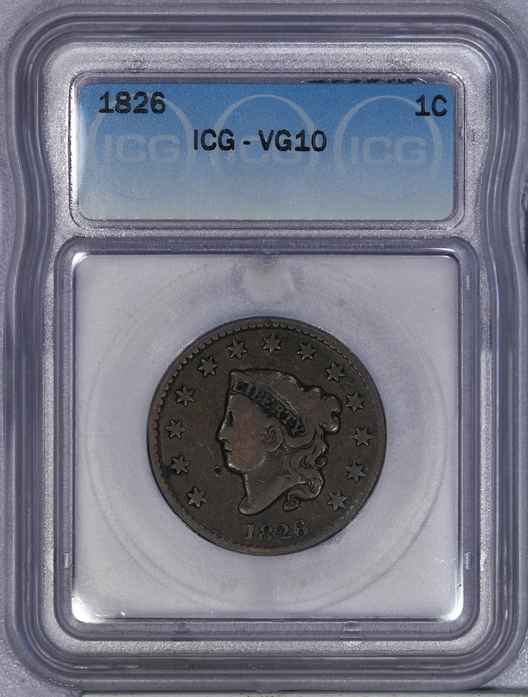 1826 Coronet Head Large Cent 1c ICG VG10