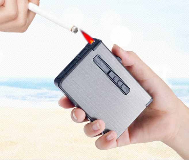 Automatic Cigarette Case Dispenser with Built in Torch Butane Lighter Windproof