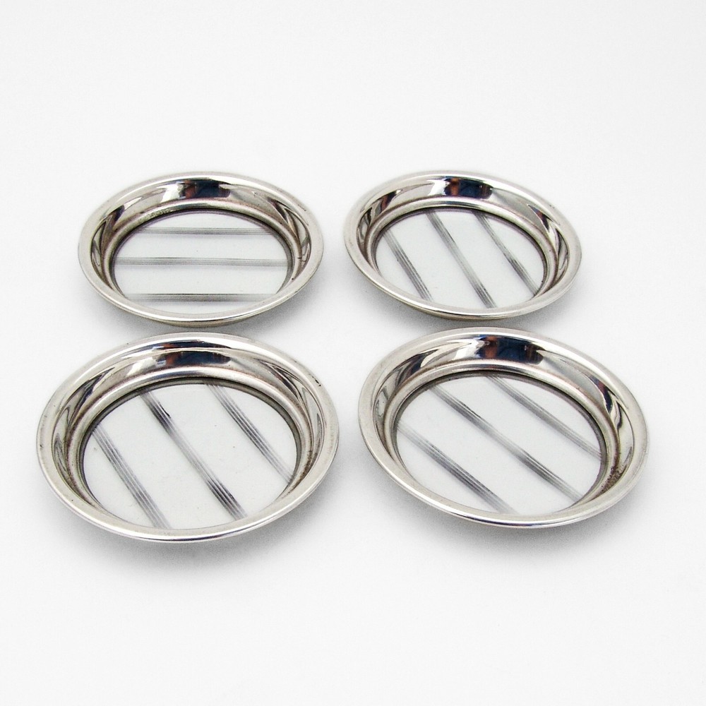 Cut Glass 4 Coasters Set Sterling Silver Borders