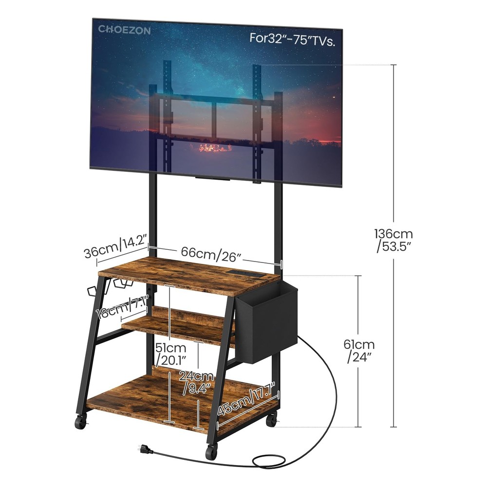 Mobile TV Stand with Charging Station, Adjustable Mount and Wheels, Rolling T...