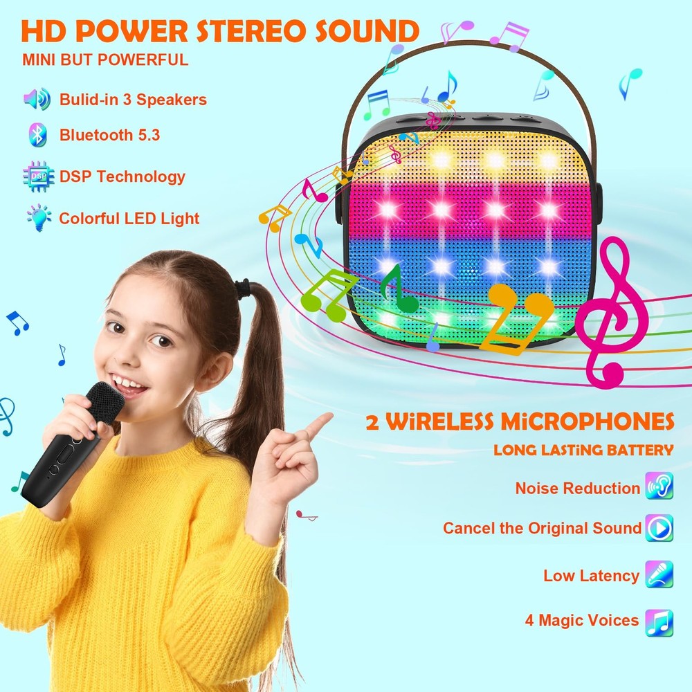 Bluetooth Karaoke Machine for - Mini Karaoke with 2 Wireless Microphone, Voic...