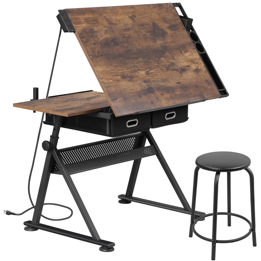 Adjustable Artist Table Tilted Tabletop w/Drafting Stool & Storage Drawer Retro