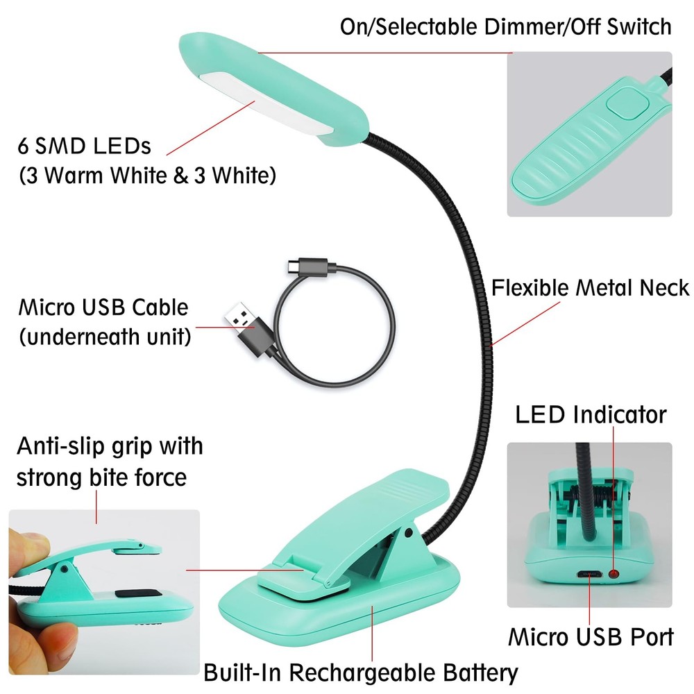 Rechargeable Book Reading Light, Portable Bendable Neck, Brightness Adjustabl...
