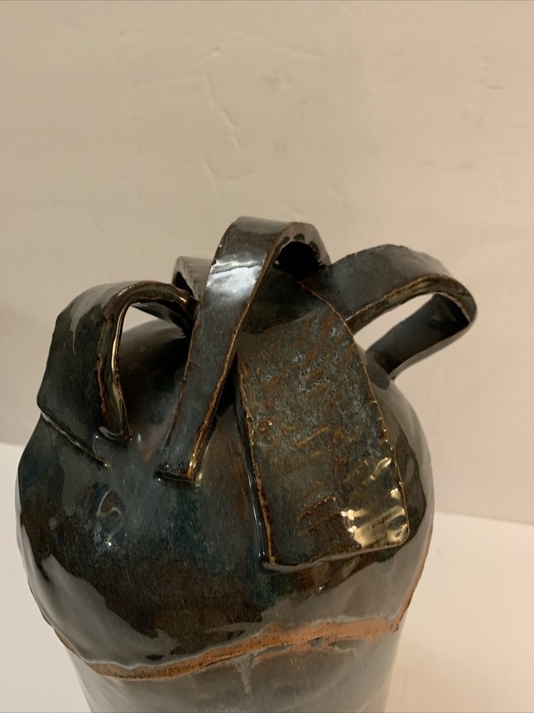 RARE Amanda Pottery Studio Stoneware Glazed Blue Cookie Jar Unique Shape Signed