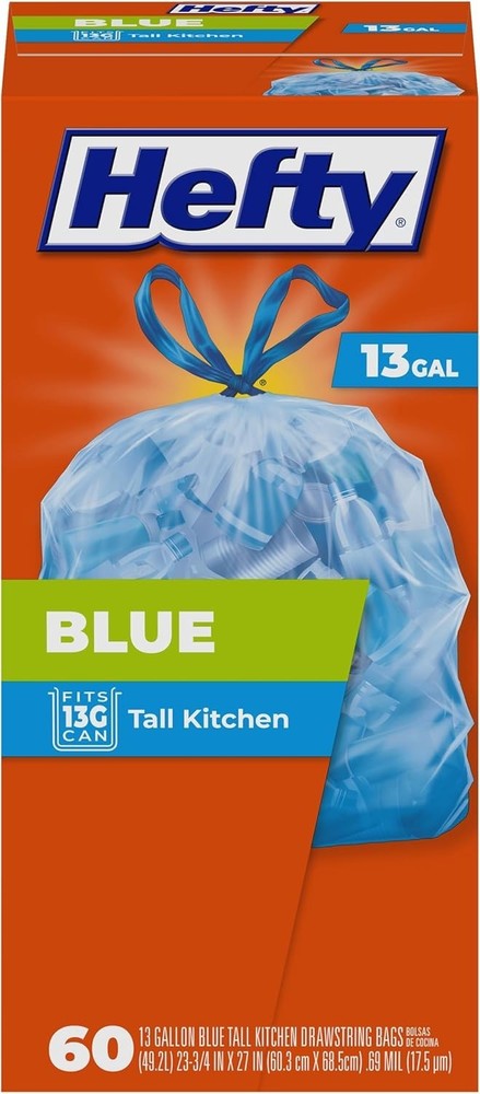 13 Gallon Blue Garbage Bags - 60 Count Unscented with Secure Drawstring Closure