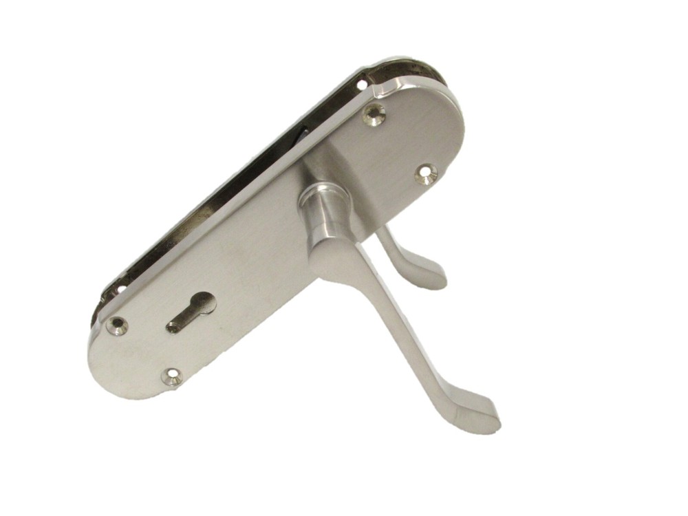 Epsom Satin Victorian Scroll on Shaped Back Plate Lock Door Handle Pair