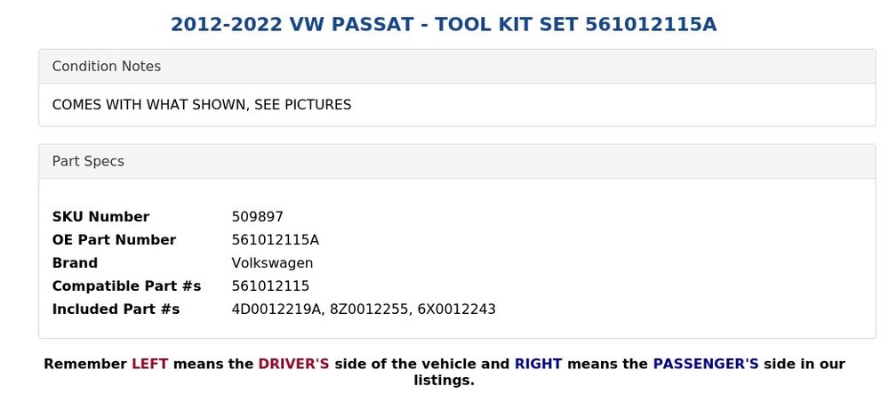 2012-2022 VW PASSAT - TOOL KIT SET 561012115A
