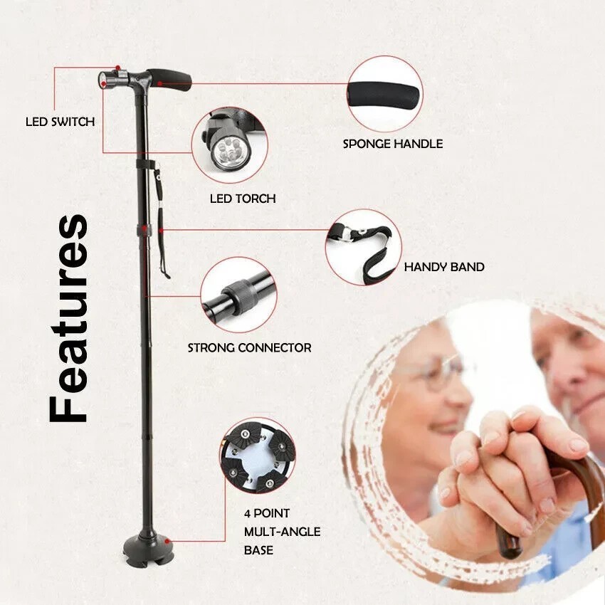 Walking Cane with LED Light Folding Walking Stick Adjustable Free Standing Canes